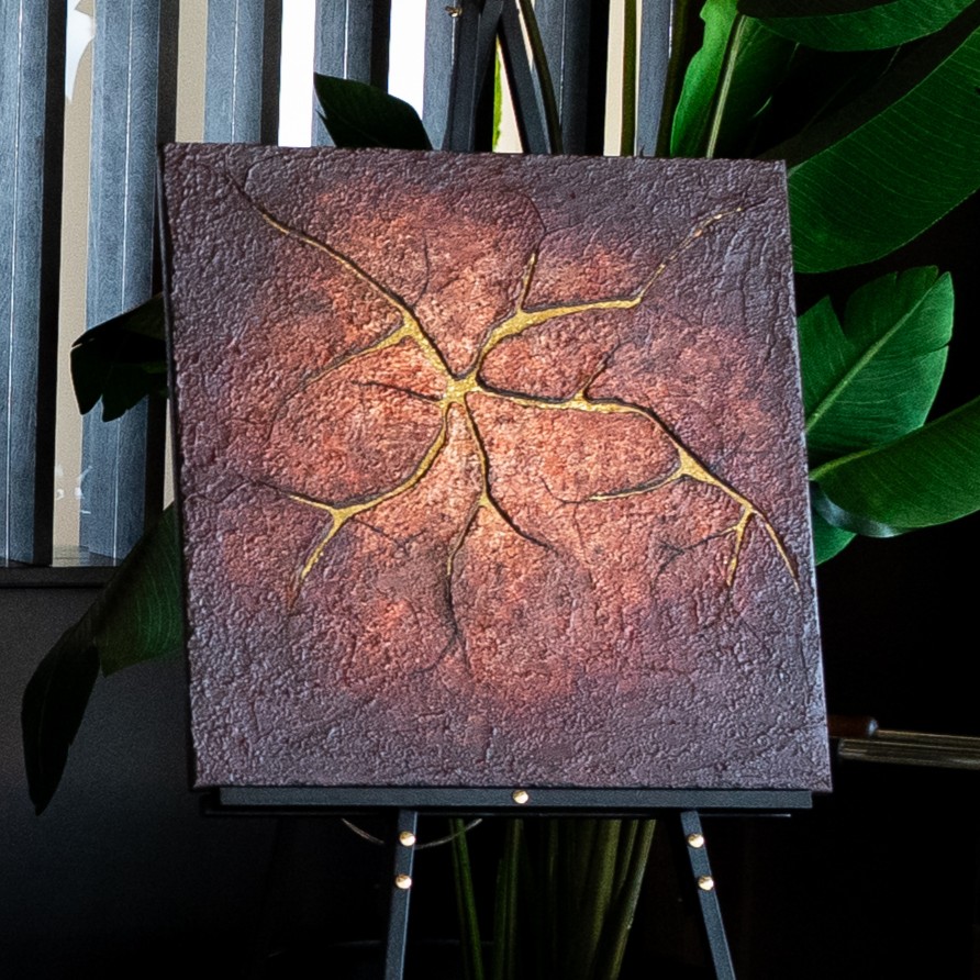 Discovered series — red textured artwork with gold leaf veining